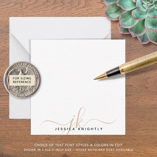 モダン金ゴールドスクリプトのモノグラムイニシャルに関するミニマル注意 ノートカード