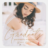 モダン金ゴールドスクリプトの卒業写真 スクエアシール (正面)