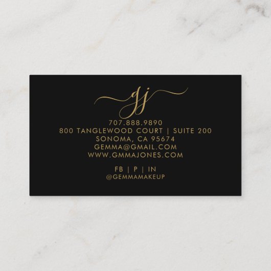 モダン金ゴールドスクリプトイニシャルメイクアップアーティストブラック 名刺 (裏面)