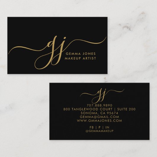 モダン金ゴールドスクリプトイニシャルメイクアップアーティストブラック 名刺 (正面/裏面)