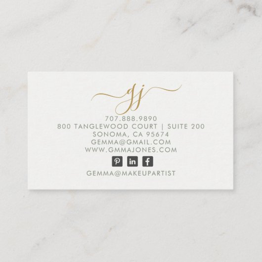 モダン金ゴールドスクリプトイニシャルメイクアップアーティスト 名刺 (裏面)