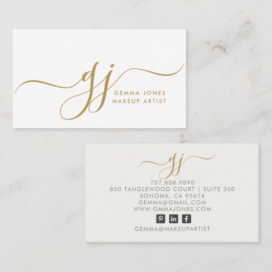 モダン金ゴールドスクリプトイニシャルメイクアップアーティスト 名刺 (正面/裏面)