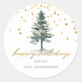 モダン金ゴールドスクリプトクリスマスツリーハッピーホリデー ラウンドシール (正面)