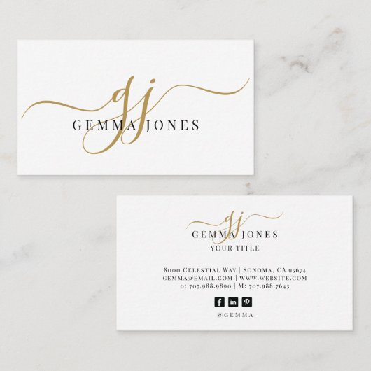 モダン金ゴールドスクリプトモノグラムの黒名 名刺 (正面/裏面)