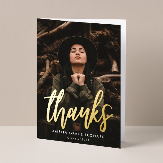 モダン金ゴールドスクリプト写真卒業ありがとう 箔グリーティングカード