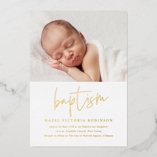モダン金ゴールドスクリプト宗教洗礼と《キリスト教》洗礼式や命名式 箔招待状 (正面)
