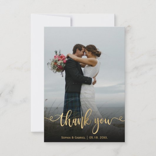 モダン金ゴールドスクリプト手結婚入力の写真 サンキューカード (正面)