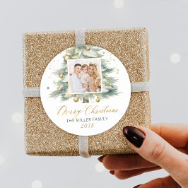 モダン金ゴールドスクリプト水の色クリスマスツリー写真 ラウンドシール