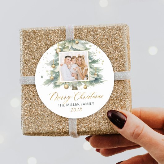 モダン金ゴールドスクリプト水の色クリスマスツリー写真 ラウンドシール