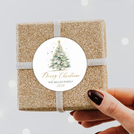 モダン金ゴールドスクリプト水の色クリスマスツリー ラウンドシール