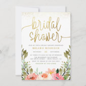モダン金ゴールドスクリプト水カラーフローラブライダルシャワー 招待状 (正面)