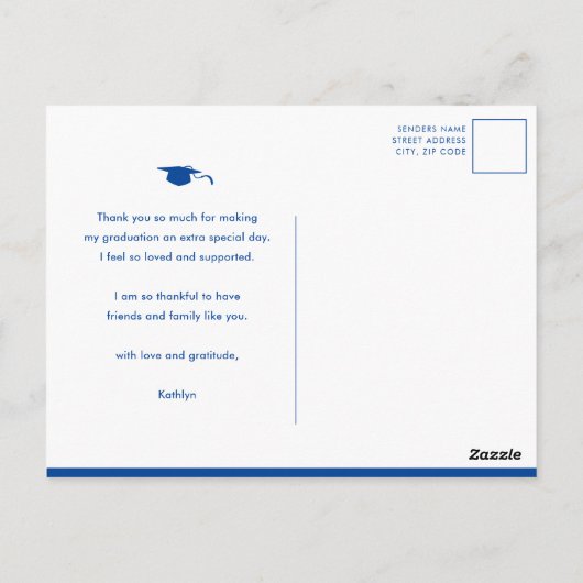 モダン金ゴールドスクリプト青い写真卒業ありがとう ポストカード (裏面)