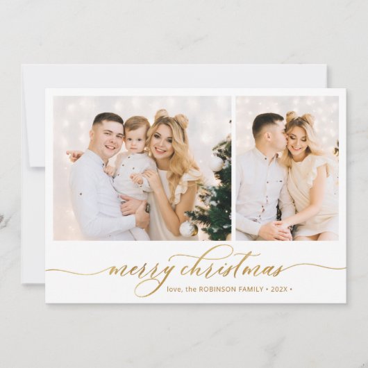 モダン金ゴールドスクリプト2フォトコラージクリスマス シーズンカード (正面)