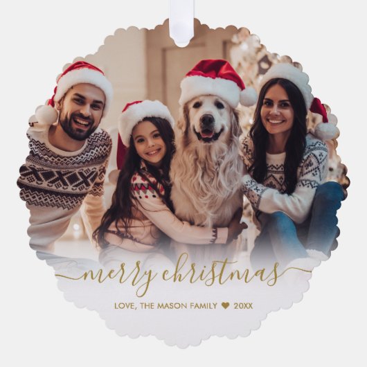 モダン金ゴールドスクリプト2家族の写真クリスマス オーナメントカード (正面)
