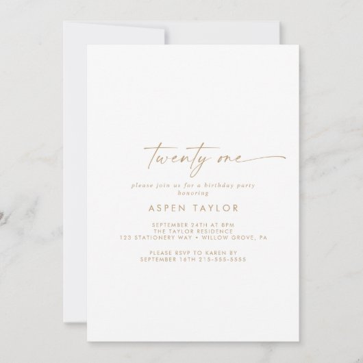 モダン金ゴールドスクリプト21歳の誕生日パーティー 招待状 (正面)
