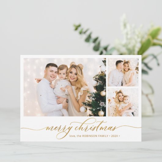 モダン金ゴールドスクリプト3フォトコラージクリスマス シーズンカード (スタンド正面)