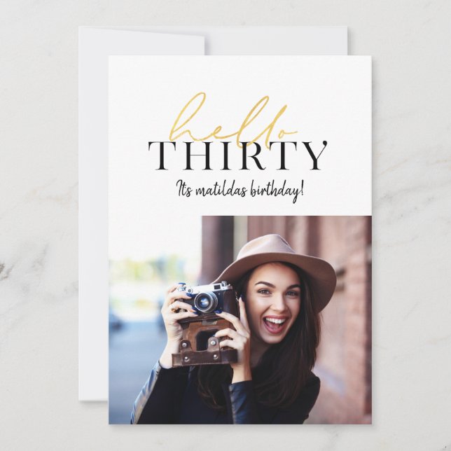 モダン金ゴールドスクリプト+幾何学的30歳の誕生日招待状 (正面)