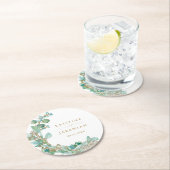 モダン金ゴールドスクリプトEucalyptus Water Color結婚's ラウンドペーパーコースター (インサイチュ)