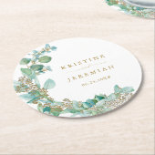モダン金ゴールドスクリプトEucalyptus Water Color結婚's ラウンドペーパーコースター (アングル)