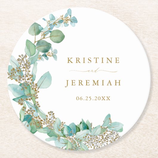 モダン金ゴールドスクリプトEucalyptus Water Color結婚's ラウンドペーパーコースター (正面)