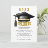モダン金ゴールドスクリプトGRAD Cap卒業 案内状 (スタンド正面)