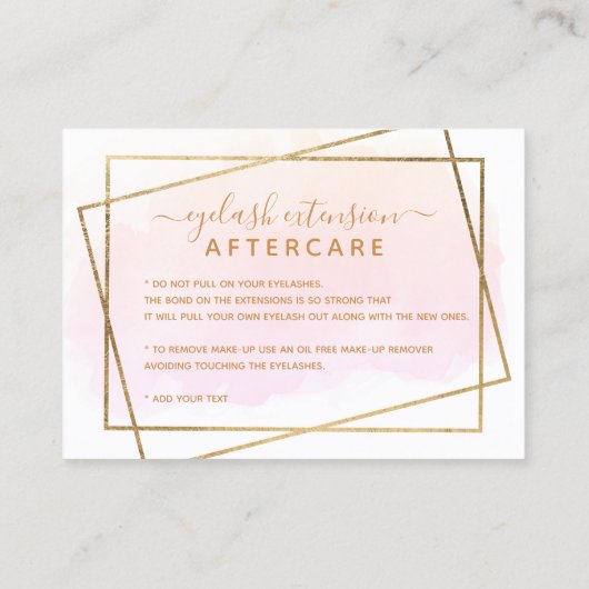 モダン金ゴールドスクリプトpinkまつ毛アフターケア 名刺 (裏面)