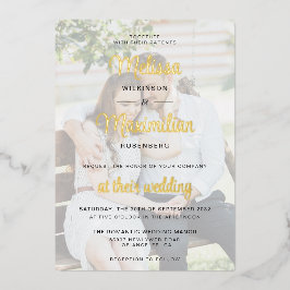 モダン金ゴールドスクリプ結婚ト2枚の写真 箔招待状