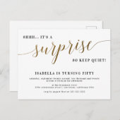 モダン金ゴールドススタイリッシュクリプトサプライズ誕生日パーティー インビテーションポストカード (正面/裏面)