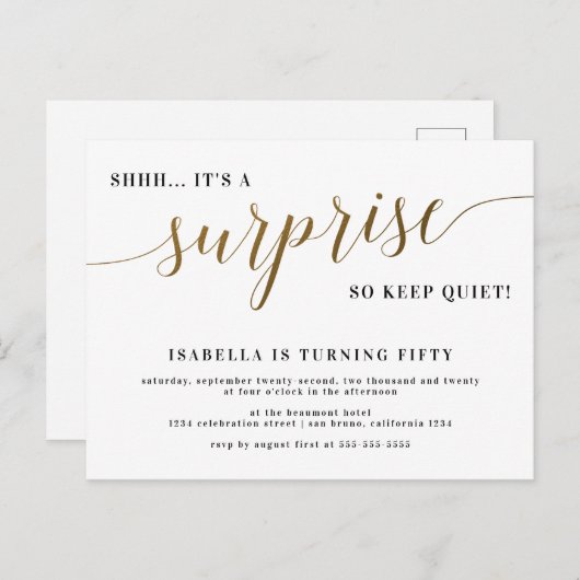 モダン金ゴールドススタイリッシュクリプトサプライズ誕生日パーティー インビテーションポストカード (正面/裏面)