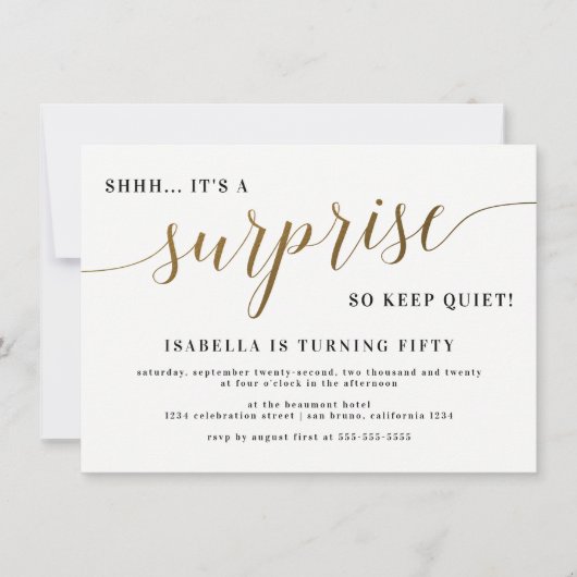 モダン金ゴールドススタイリッシュクリプトサプライズ誕生日パーティー 招待状 (正面)