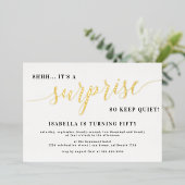 モダン金ゴールドススタイリッシュクリプトサプライズ誕生日パーティー 箔招待状 (立ち正面)