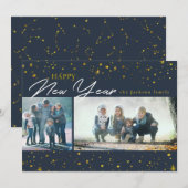 モダン金ゴールドスターのダークブルー新年の挨拶 シーズンカード (正面/裏面)