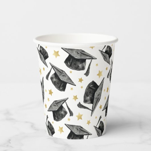 モダン金ゴールドスター卒業 – 白黒パーティー 紙コップ (裏面)