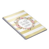 モダン金ゴールドストライプとピンクフローラバラリース ノートブック (右側)