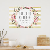 モダン金ゴールドストライプとピンクフローラバラリース ポスター (キッチン)