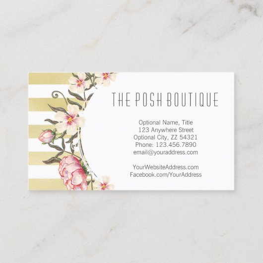 モダン金ゴールドストライプとピンクフローラバラリース 名刺 (裏面)