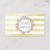 モダン金ゴールドストライプとピンクフローラバラリース 名刺 (正面)