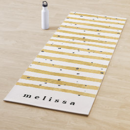 モダン金ゴールドストライプのとブラックドットモノグラム ヨガマット