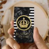 モダン金ゴールドストライプクラウンロゴブラックフローラ 名刺