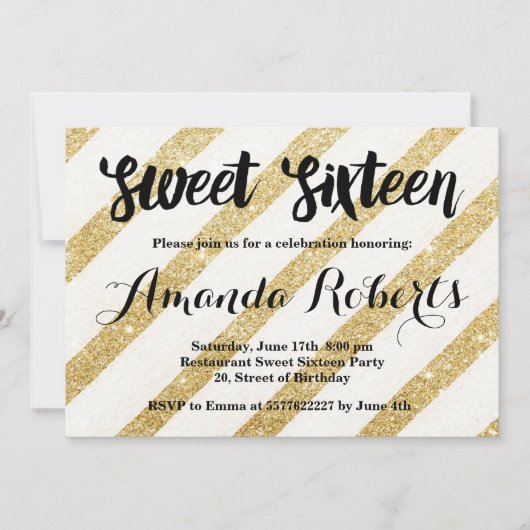 モダン金ゴールドストライプブラッシュストロークSweet 16 招待状 (正面)