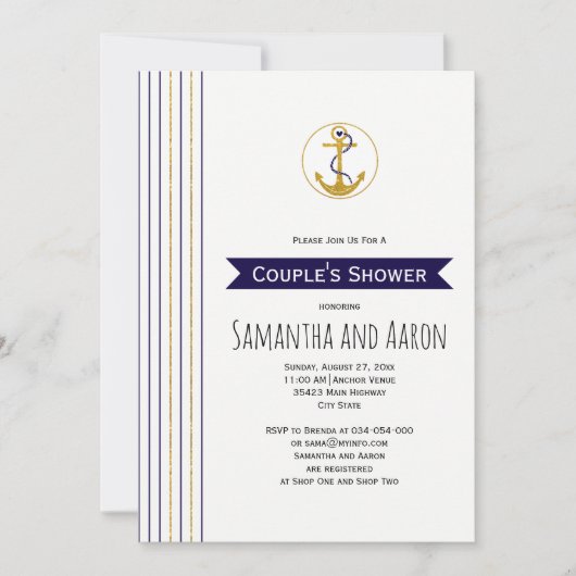 モダン金ゴールドストライプ航海のウェディングシャワー 招待状 (正面)