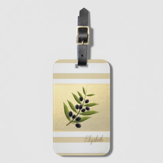 モダン金ゴールドストライプ、オリーブブランチ – パーソナライズされた ラゲッジタグ (正面縦)