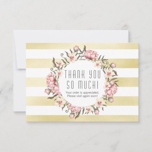 モダン金ゴールドストライプ&ピンクフローラバラありがとう サンキューカード (正面)