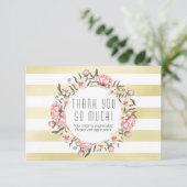 モダン金ゴールドストライプ&ピンクフローラバラありがとう サンキューカード (スタンド正面)