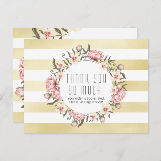 モダン金ゴールドストライプ&ピンクフローラバラありがとう ポストカード (正面/裏面)