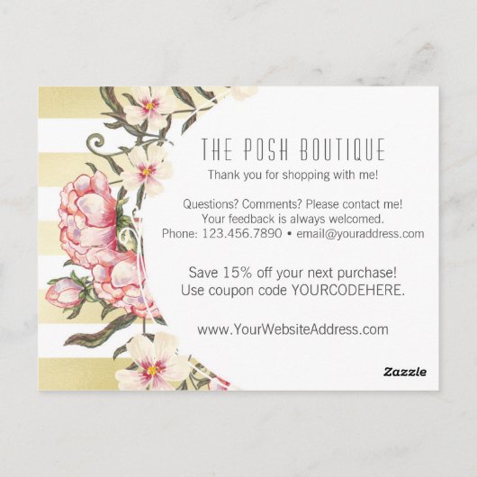 モダン金ゴールドストライプ&ピンクフローラバラありがとう ポストカード (裏面)