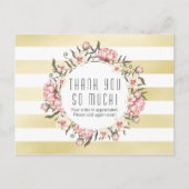 モダン金ゴールドストライプ&ピンクフローラバラありがとう ポストカード (正面)