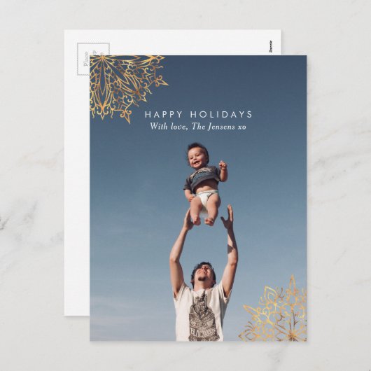 モダン金ゴールドスノーフレーク家族はがき シーズンポストカード (正面/裏面)