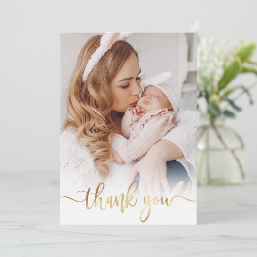 モダン金ゴールドス生まれたばかりのクリプトベビー写真ありがとう サンキューカード (スタンド正面)