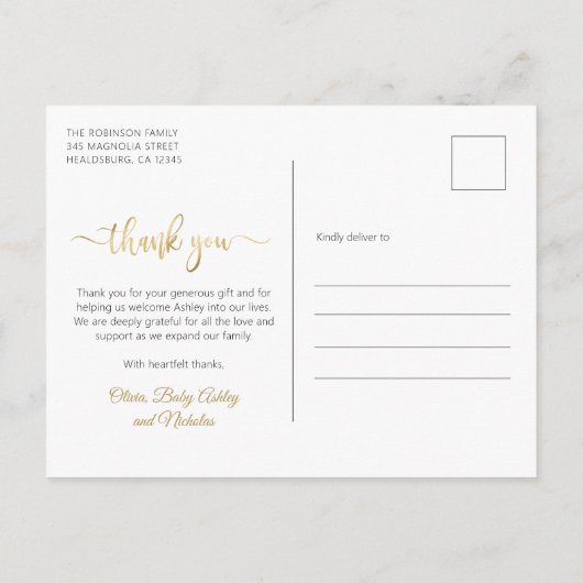 モダン金ゴールドス生まれたばかりのクリプトベビー写真ありがとう ポストカード (裏面)